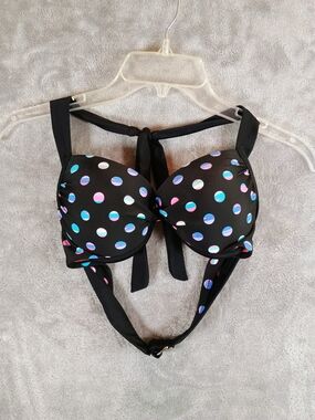 Tahiti Black Polka Dot Halter Bra/Swim Top with Multicolor Dots Size Small